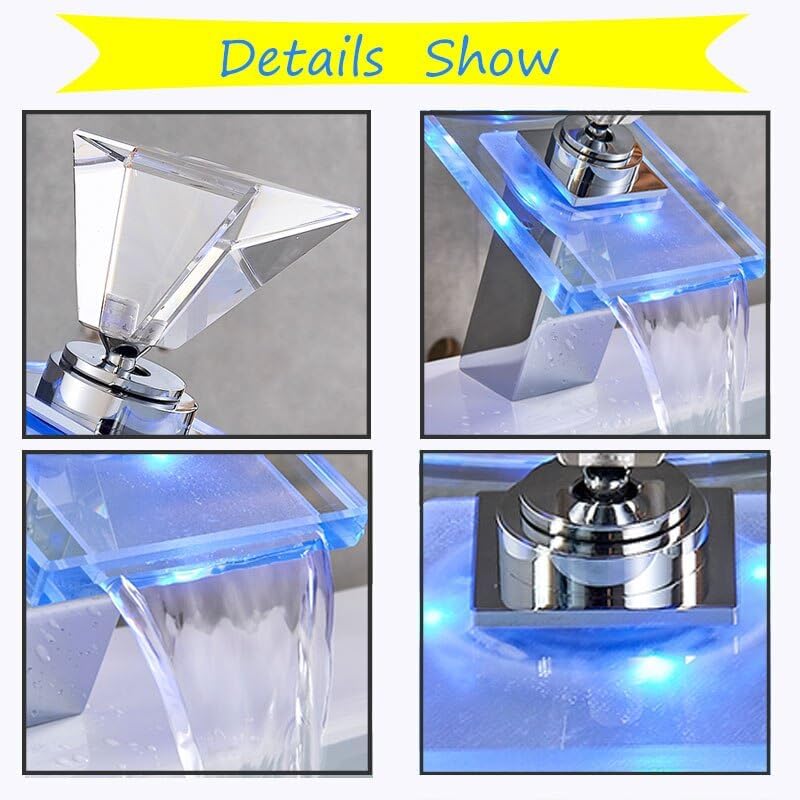 Basin Faucet Waterfall LED 3 Color Glass Outlet Bathroom Battery Powered Basin Mixer Tap Chrome Deck Mounted Hot Cold Tap