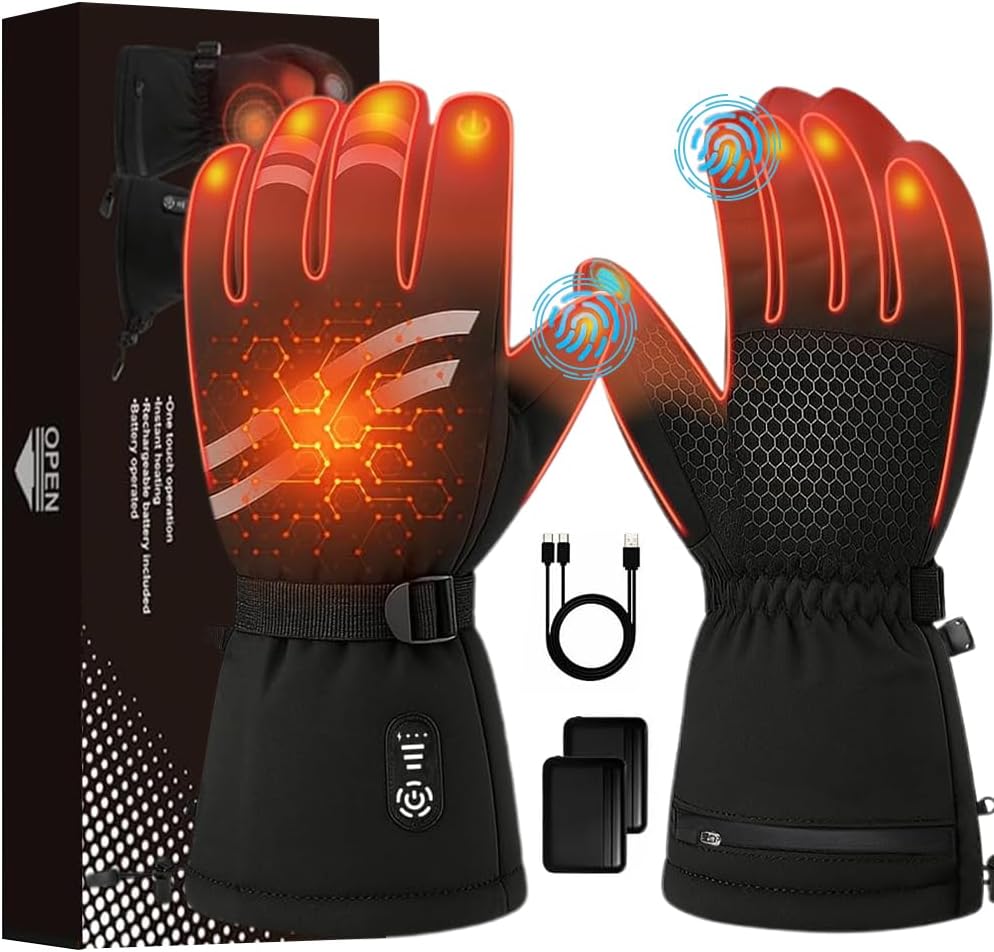 Heated Gloves for Men Women Rechargeable, Electric Heated Hand Warm Winter Ski Gloves with 7.6V Fast Heating 19.76Wh, Touchscreen, Waterproof for Working Hiking Camping Skiing Arthritis Raynaud, XL