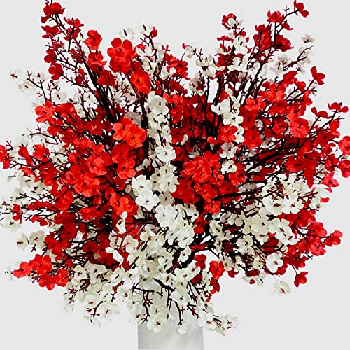 niuniufine 4Bundles Babys Breath Artificial Flowers Fake Silk Real Touch Floral Arrangement for Wedding Bouquet Home Office Farmhouse Wedding Centerpiece Decor White/Red