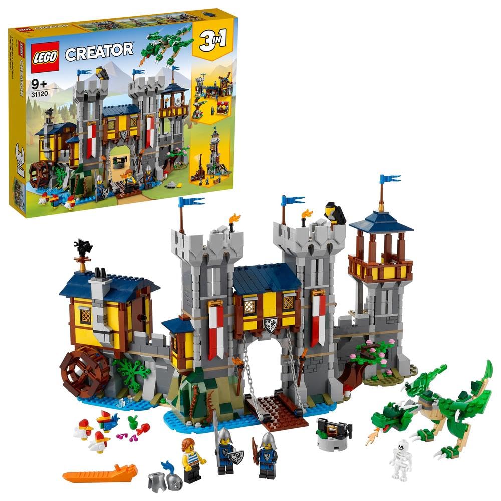 LEGOCreator 3in1 Medieval Castle Toy to Tower or Marketplace, with Skeleton, Dragon Figure, 3 Minifigures and Catapult 31120