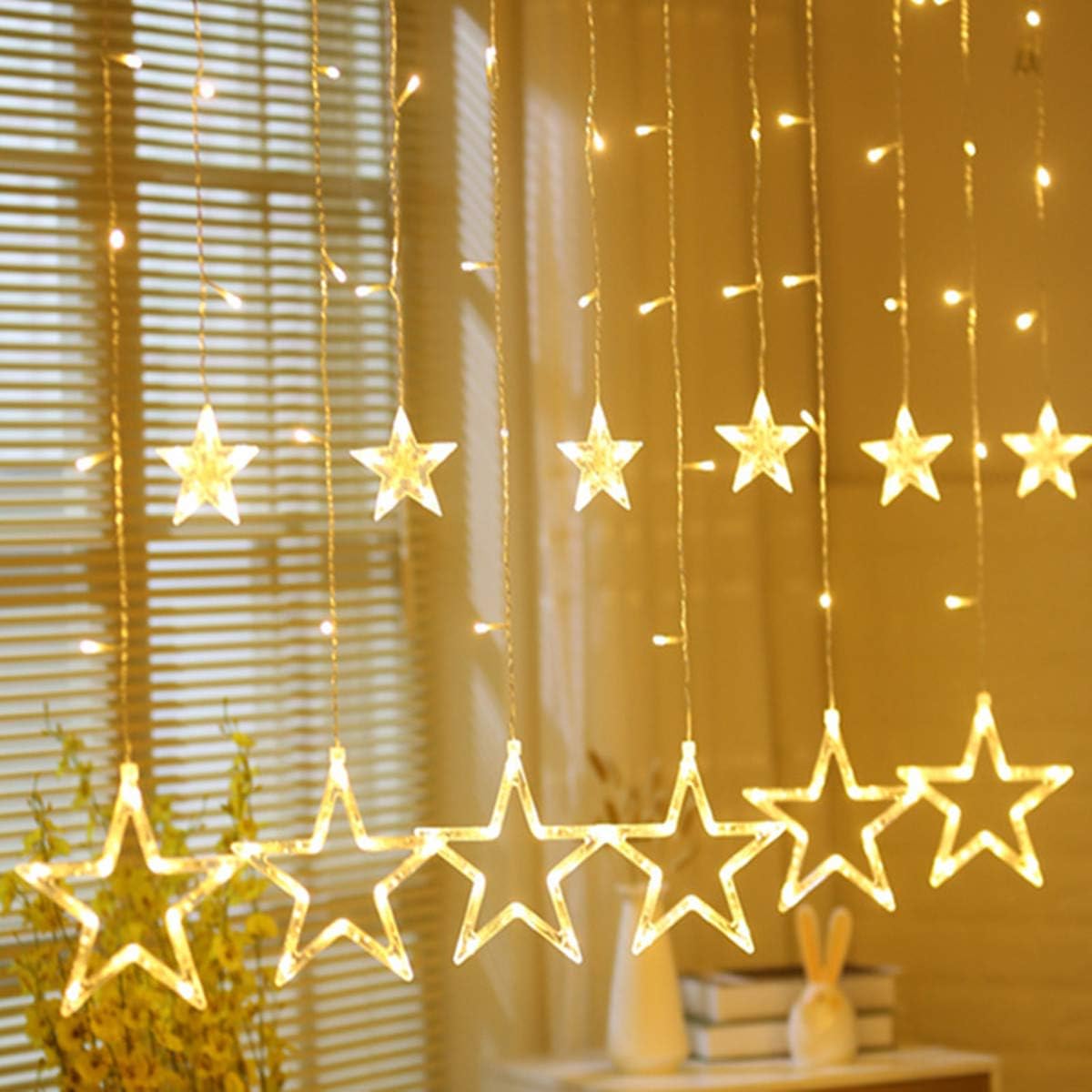 KAZOKU Star Christmas Lights,12 Stars 138 LED Curtain String Lights,Waterproof Star Lights Decorative Bedroom Indoor Outdoor Window Wedding Party Garden,Warm White