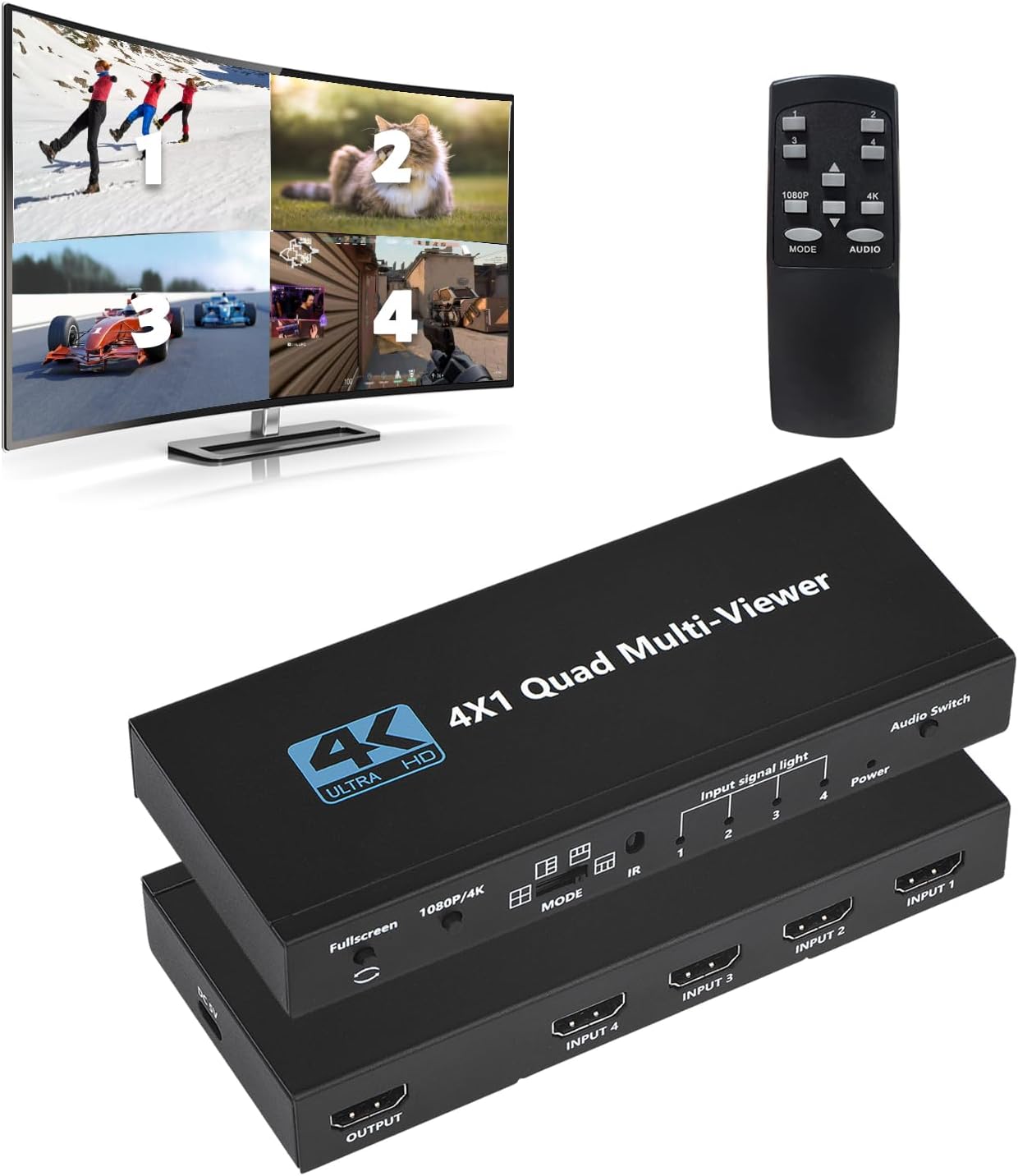 HDMI Multiviewer Switch 4x1, Quad Switcher 4 in 1 Out with IR Remote Control, Support 4K Full HD and 9 Display Modes for Security Camera, Gaming Consoles