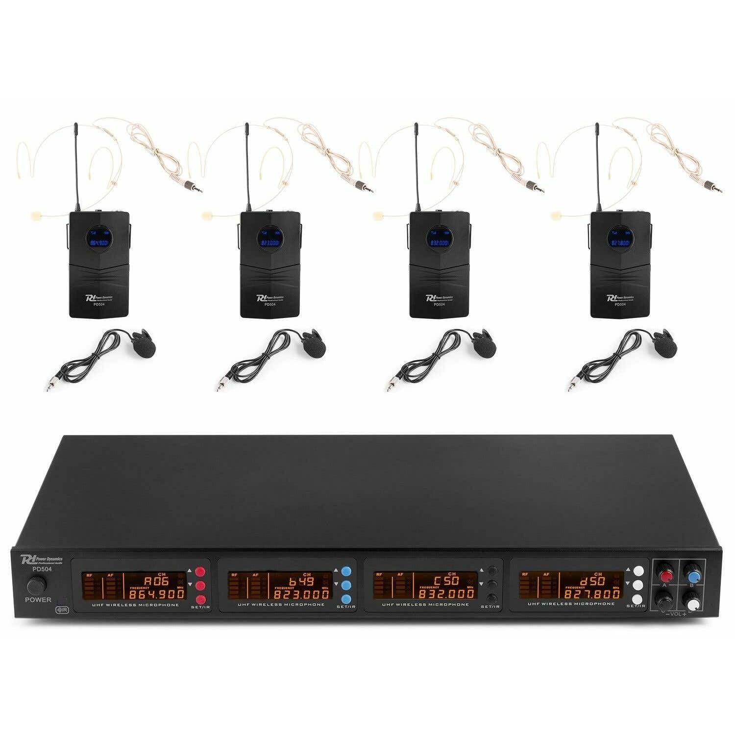 Power Dynamics PD504B UHF Set de Micrófonos inalámbricos. El Pack Incluye: un Receptor, 4 petacas emisoras, 4 bodypacks, 4 micrófonos de Diadema Color Beige y 4 micrófonos de Solapa