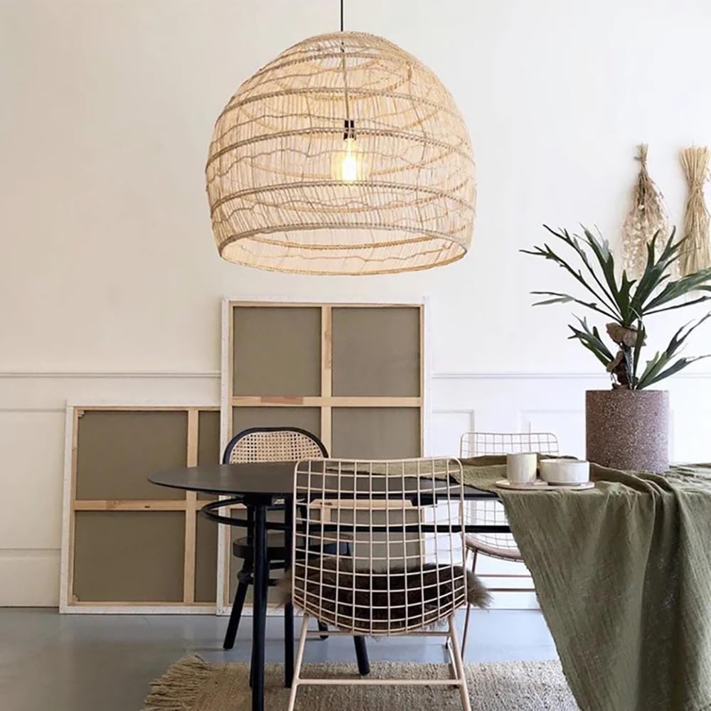 XQIDIANAA Farmhouse Rattan Chandeliers Ceiling Light, Hand-Woven Wicker Boho Drum Lamp Fixture for Dining Room, Vintage Farmhouse Woven Pendant Light for Living Room, Kitchen, Foyer, Beige