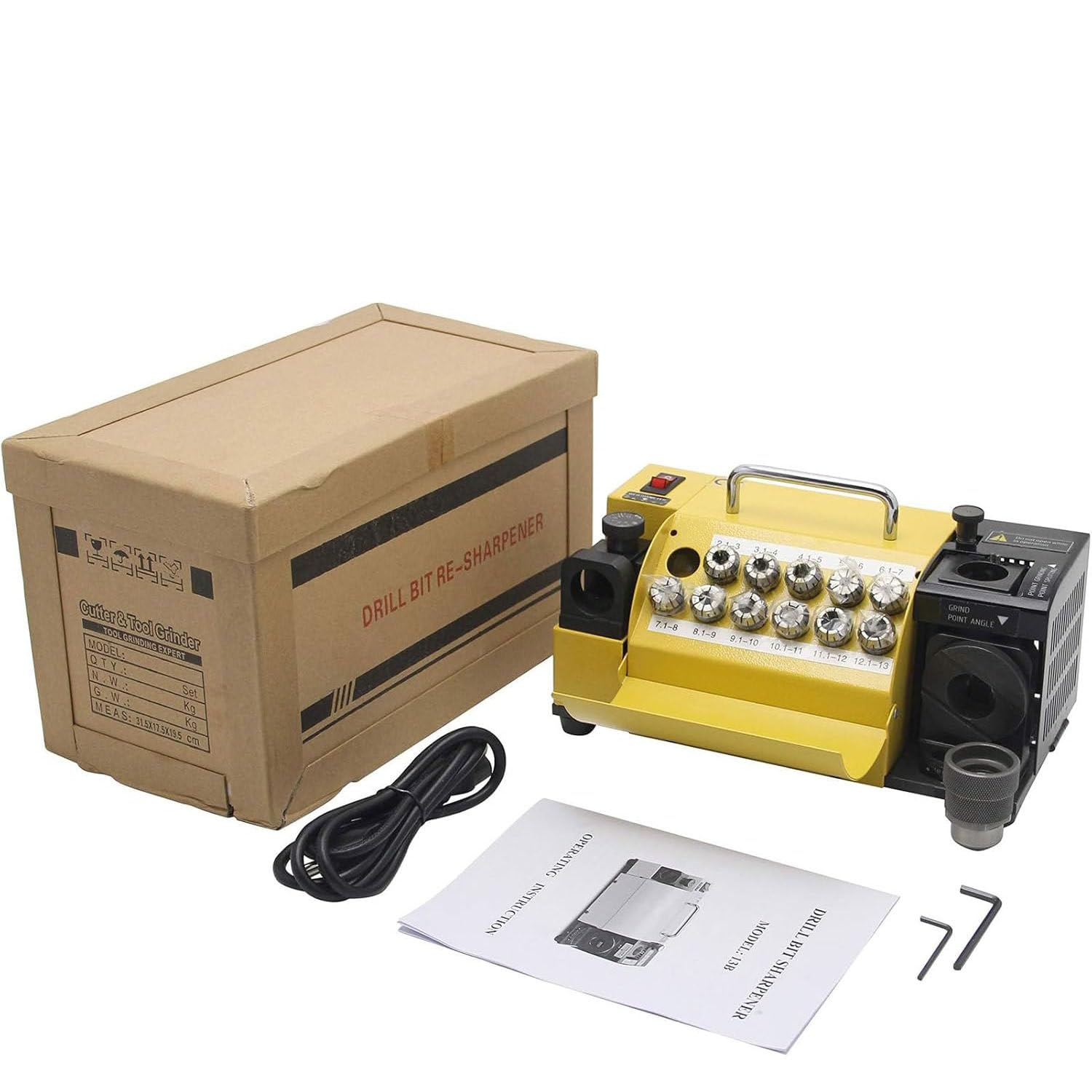 Máquina Afiladora Brocas Profesional,Afilador Brocas Portátil,Reafilador Brocas Ajustable con Ángulo Punta De 95° A 135°,con 11 Pinzas,Velocidad 4400 RPM,CBN(forHss)