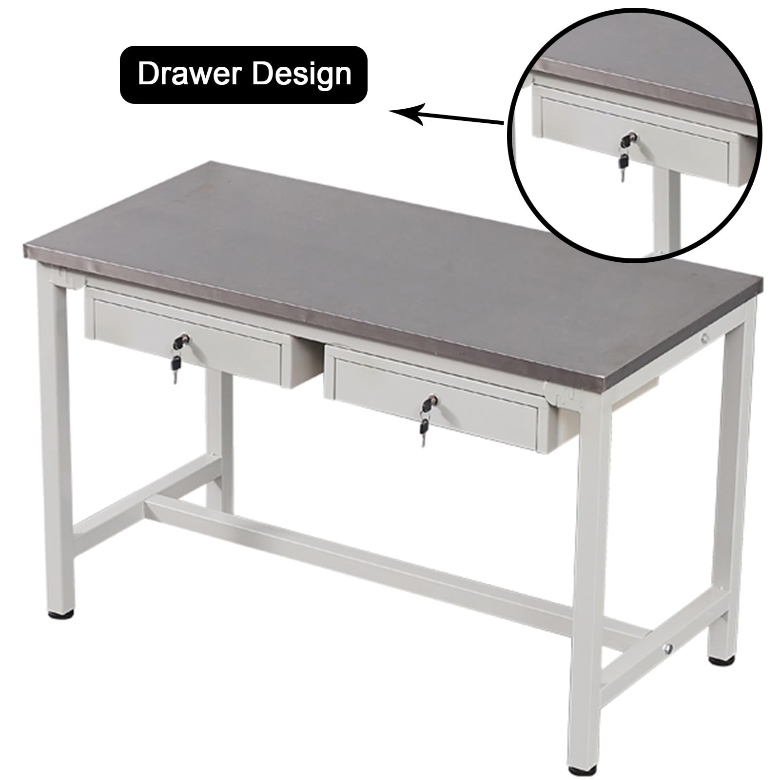Banco de trabajo de acero inoxidable con 2 cajones y llaves, mesa de laboratorio resistente, montaje a presión, almohadillas de goma, marco reforzado y vigas transversales