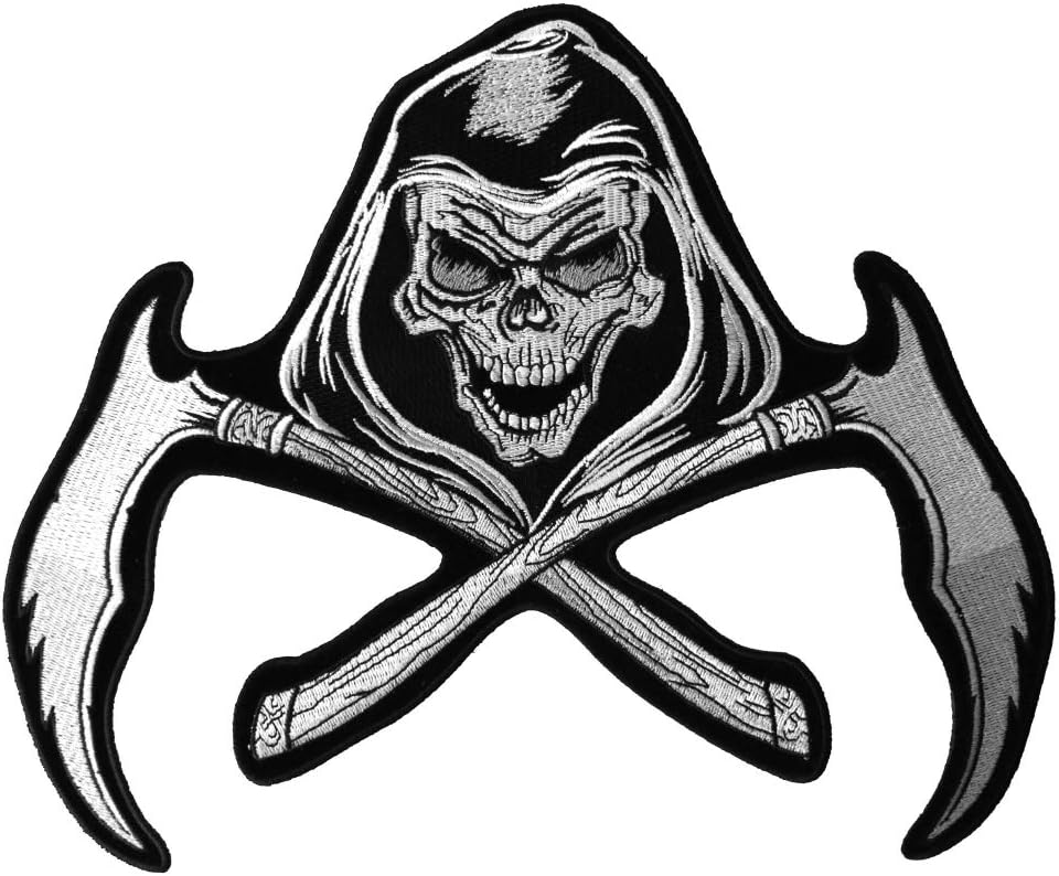 Amazon Com Reaper Skull Scythe Back Patch 11x9 4 Inch Embroidered Iron On Patch Arts Crafts Sewing
