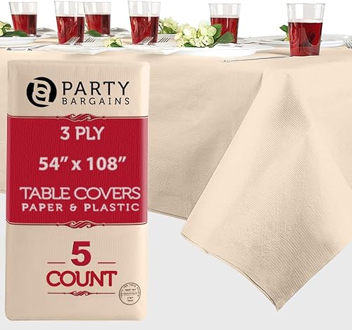 Miniatura 36 de PARTY BARGAINS Manteles de mesa desechables, 54 x 108 pulgadas, color rojo, 3 capas de papel y plástico, resistentes a derrames, 5 unidades