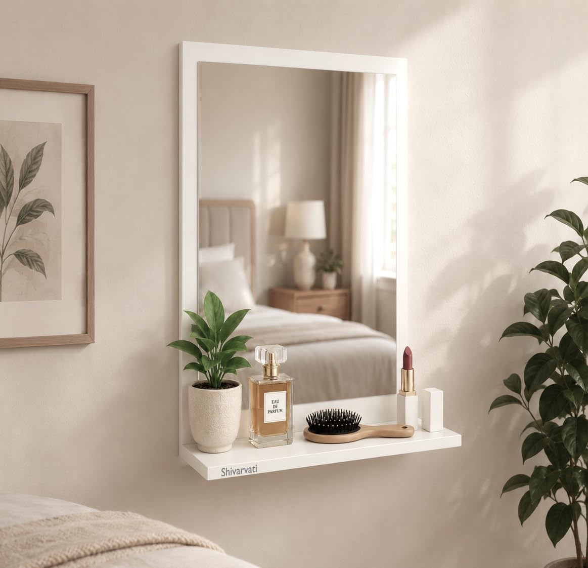 Wall Dressing Mirror Colour White with Shelf 45 x 28 cm for Living Room Bedroom Bathroom-image-17