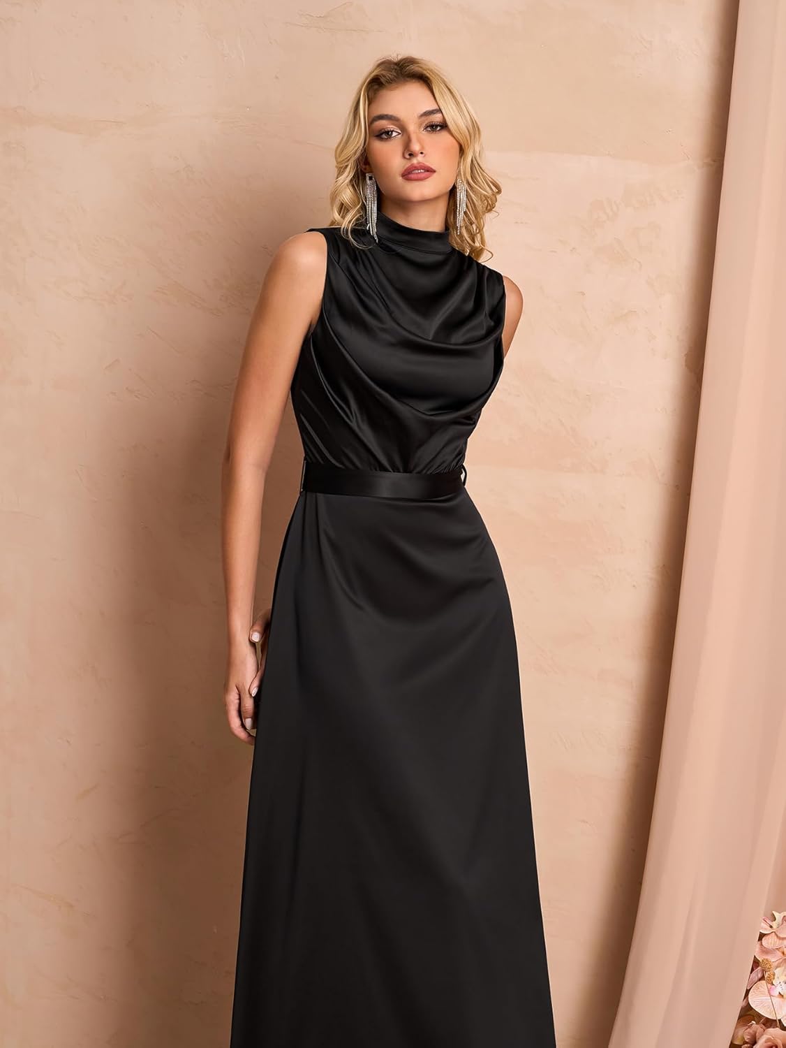 Women Satin Formal Long Dress Elegant Mock Neck Ruched Cocktail Wedding Guest Party Maxi Dress with Belt - Image 6