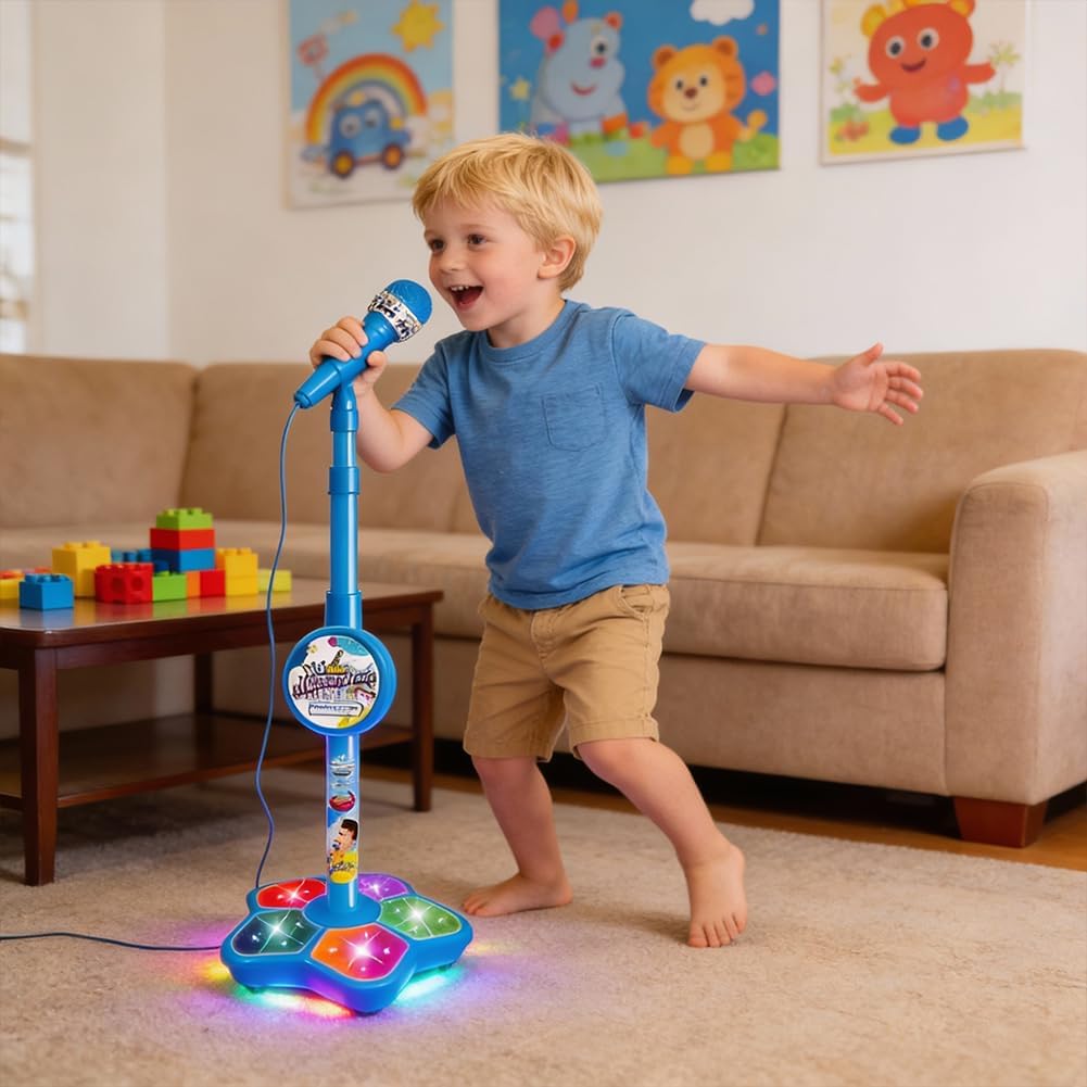 2026 New Star Microphone with Stand, Built-in Music & Colorful Lights, Echo Effects Portable Karaoke Machine, Kid-Friendly Singing Toy for Music Play (Blue)