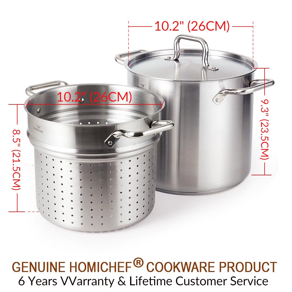 HOMICHEF Pentola per pasta in acciaio inox senza nichel da 13 litri, con colino e coperchio – Cestini in acciaio inox di grado commerciale – Set di pentole a vapore a induzione lucidate opache da 13