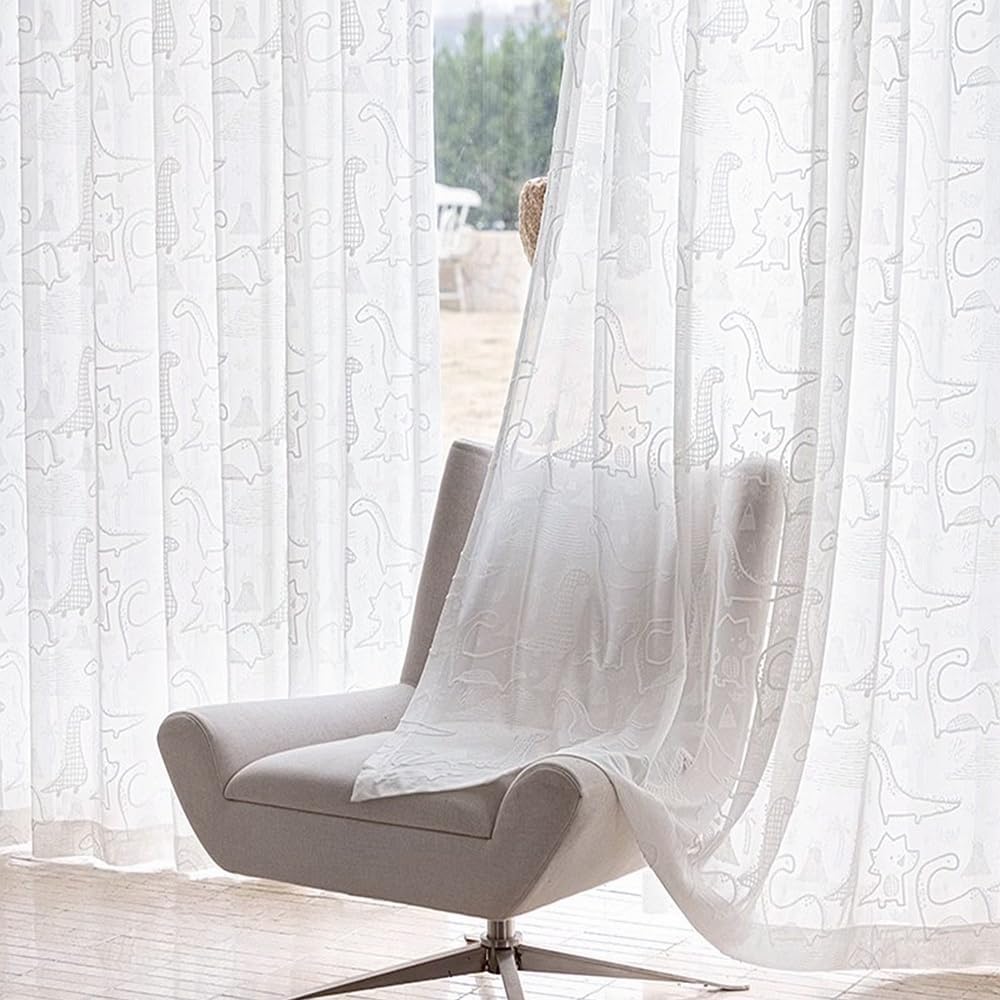 White Cartoon Dinosuar Semi Sheer Curtain for Kids Bedroom Decorative 3D Plush Drape Cute Embossed Animals Pattern Embroidered Voile Nursery Decor Rod Pocket 1 Panel (W55xH94 inch)