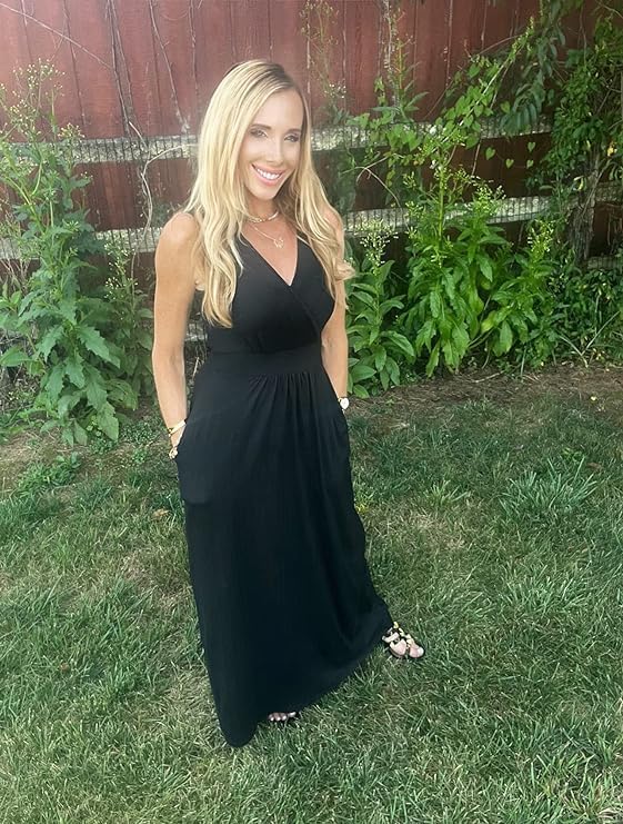 AUSELILY Vestido Largo Verano Mujer Elegante Sin Mangas Cuello en V Dress | Se puede llevar como vestido de noche, con bolsillos, invitada boda, graduacion, casual, maxi