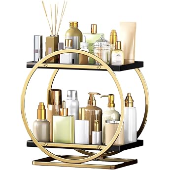 NUODWELL 2-Tier Metal Makeup Organizer for Dressing Table Gold Modern Cosmetic Storage Rack