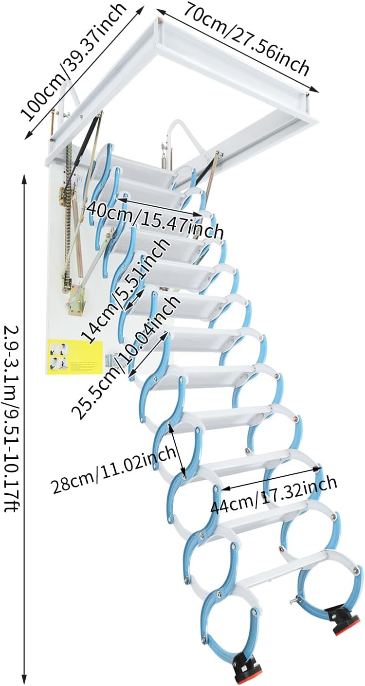 12-Step Ceiling-Mount Stairs, 660lbs Heavy-Duty Retractable Attic Ladder for 10.17ft, Space-Saving Pull Down Stair System with Hidden Steel Design for Loft/Basement Access