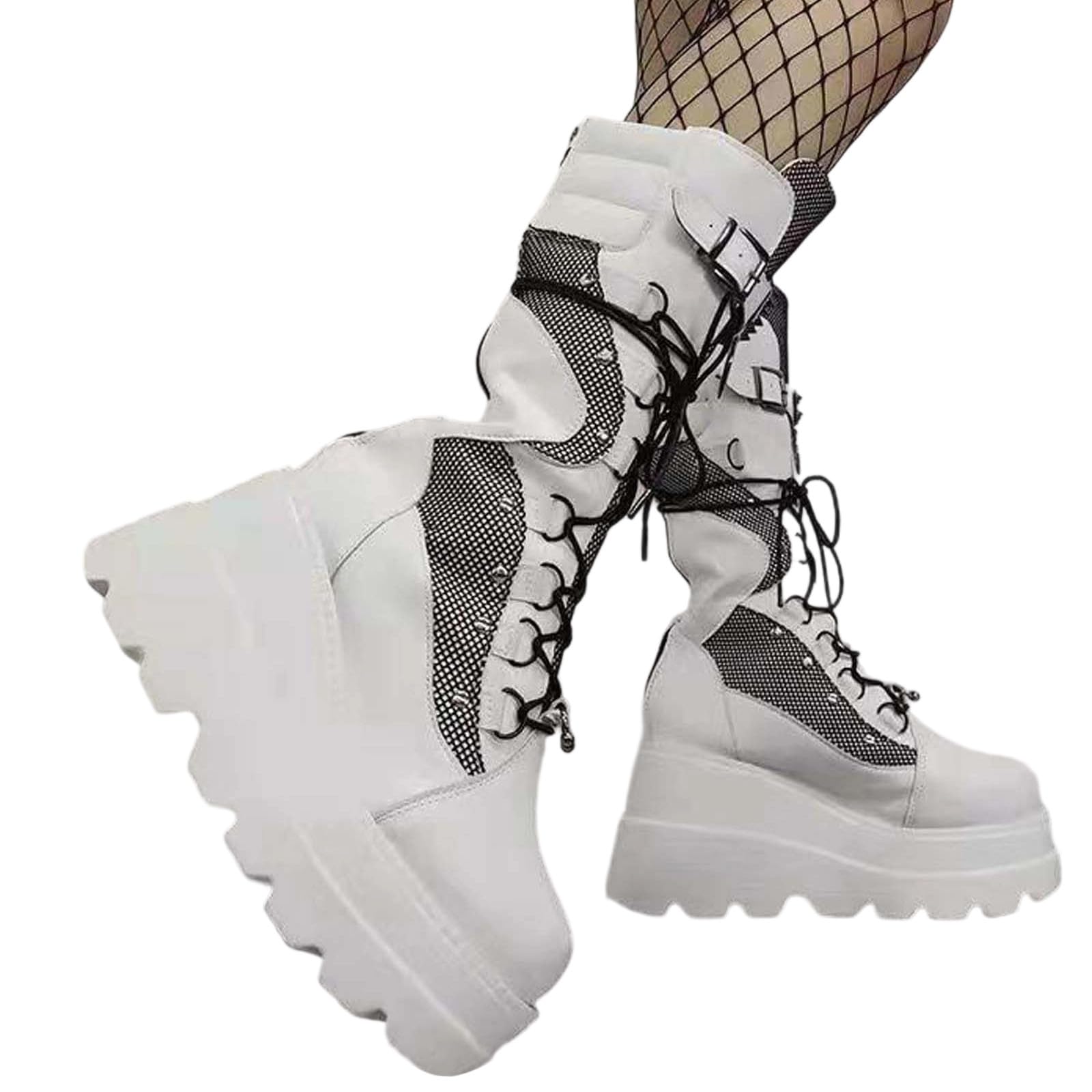 Botas por Encima de la Rodilla Botas de Plataforma a Media Pantorrilla con tacón Grueso y Punta Redonda Moda con Detalle Cremallera para un Uso cómodo y Elegante.