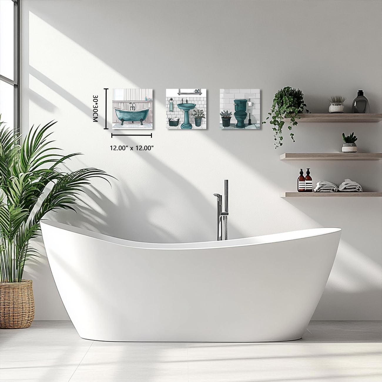 ZQQART Set di 3 stampe su tela per bagno, decorazione da parete per bagno, set di 3 cornici artistiche da parete (verde acqua, 30,5 x 30,5 x 30,5 x 3)