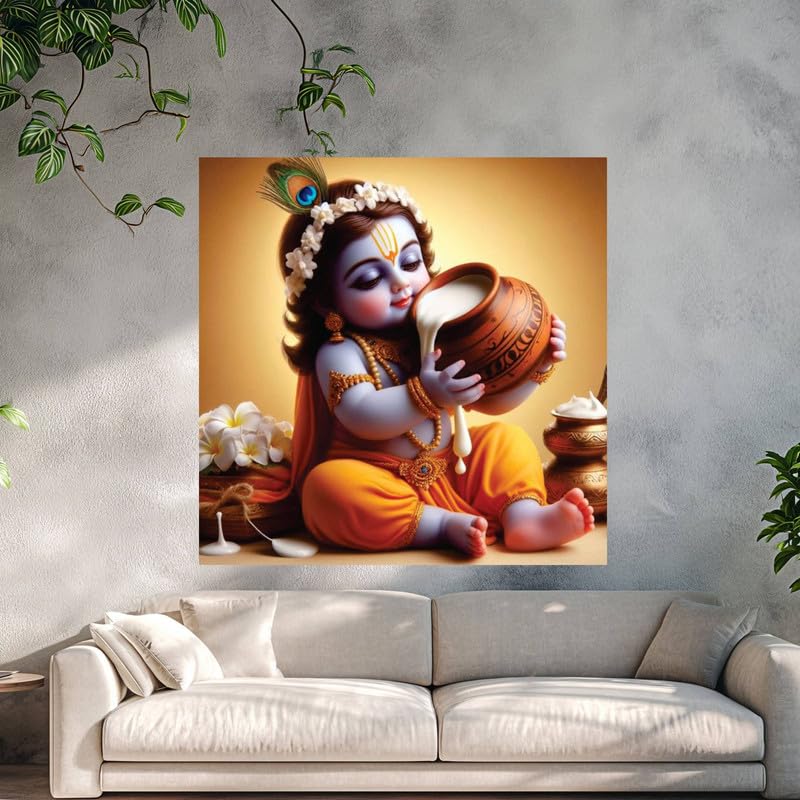 Image of British Terminal Cute little Bal Gopal Baby God Krishna| Kanha Ji | Laddu Lord Makhan Chor Painting Religious Poster for Pregnant Women for wall (matt thin vinyl,sticker,multicolor,unframed)| bj122
