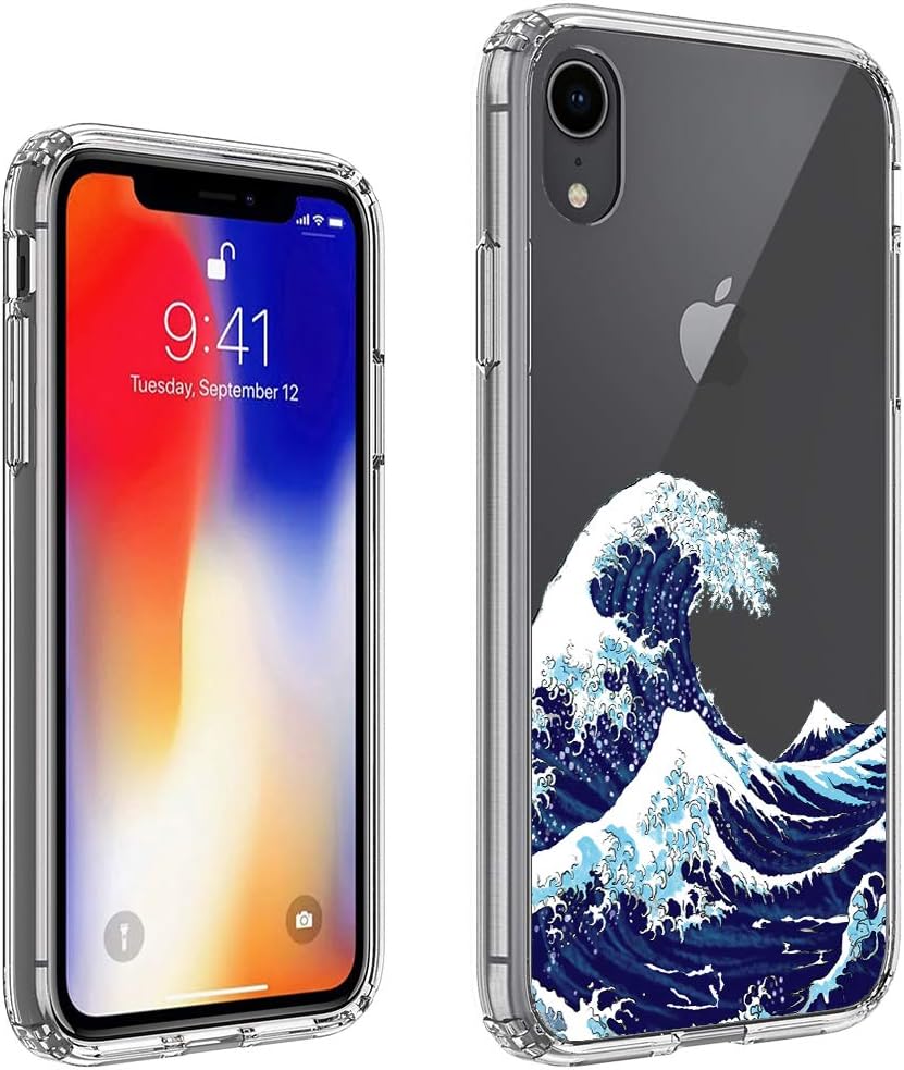 uCOLOR Ocean Blue Wave Clear Case for iPhone XR(6.1 inch),Hybrid Slim Shockproof Crystal Clear Japanese Wave Soft TPU Bumper + Hard PC Back Protective Cover for iPhone XR