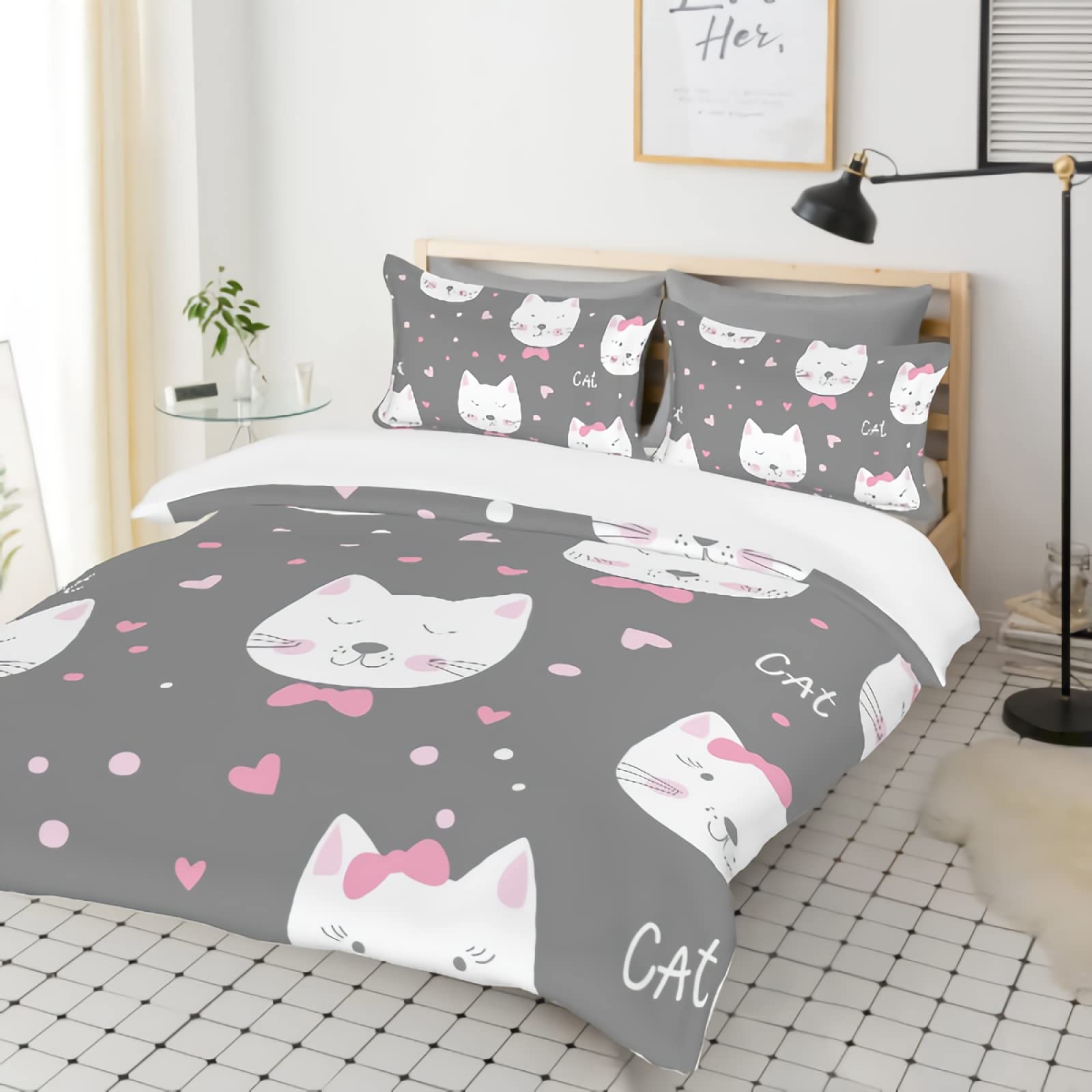 GREDBH Love Peach Cat Bedding Set Cute Animal for Kids Boys Girls Duvet Cover Bedspread Cartoon Theme for Adult Decorate Room 1 Quilt Cover and 2 Pillow Cases No Comforter Full