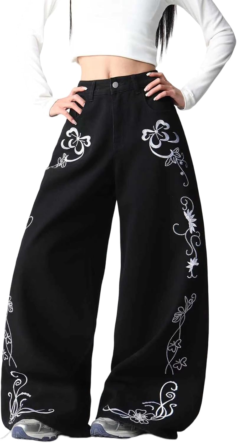 Women's Wide Leg Baggy Jeans Casual Relaxed Fit Y2k Hip Hop Floral Embroidered Denim Pants Streetwear