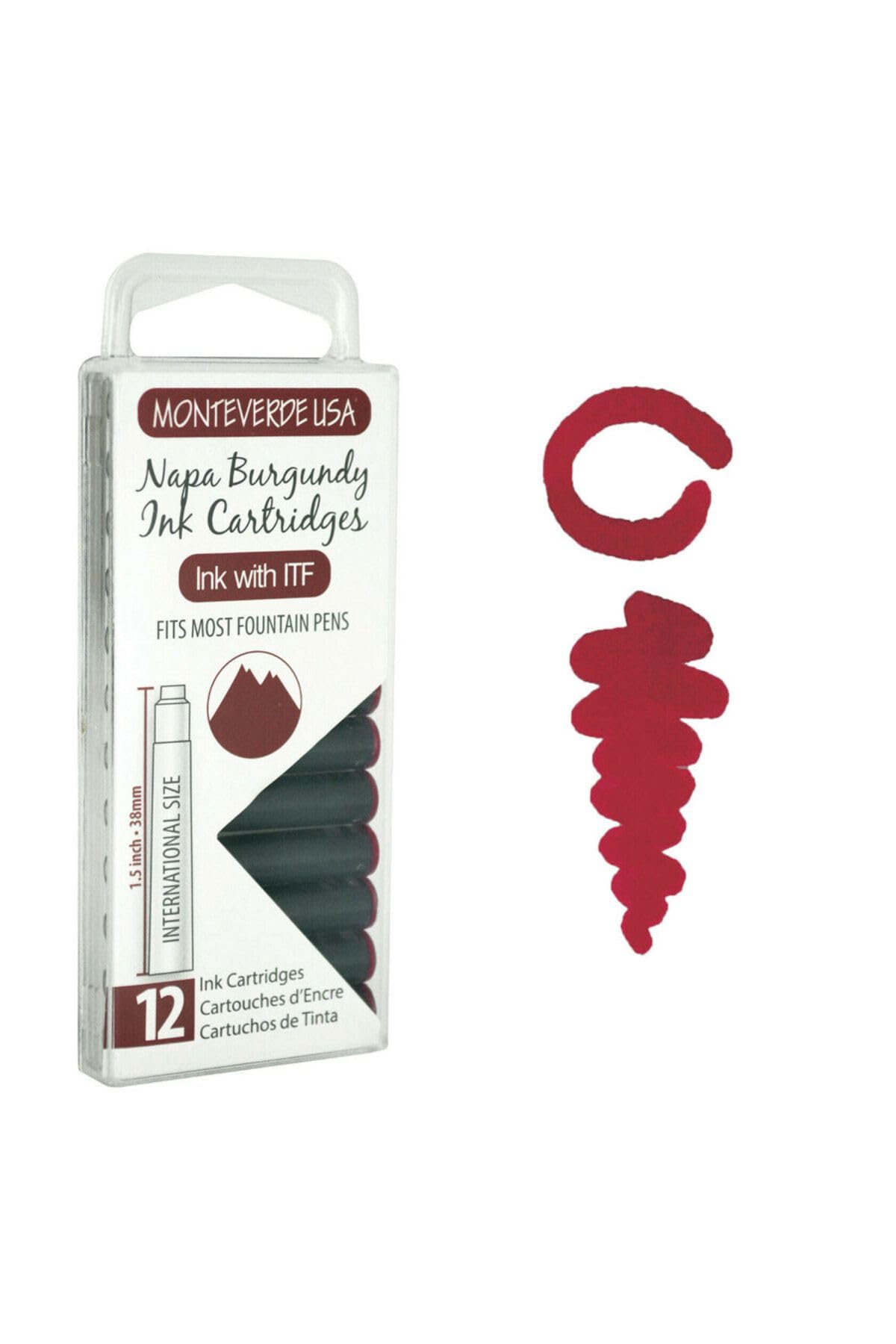 Monteverde USA International Standard Ink Cartridges - Napa Burgundy - Rich and Sophisticated Writing Ink, Compatible with Most Fountain Pens, 12-Pack Box