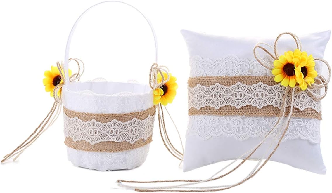 TRUE LOVE GIFT Sunflower Decor Burlap Lace Ring Bearer Pillow and Wedding Flower Girl Basket Set