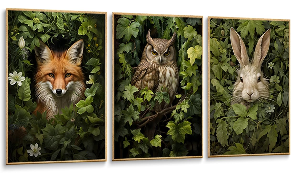 Affiches imprimées aventure : triptyque rétro renard et hibou pour mur