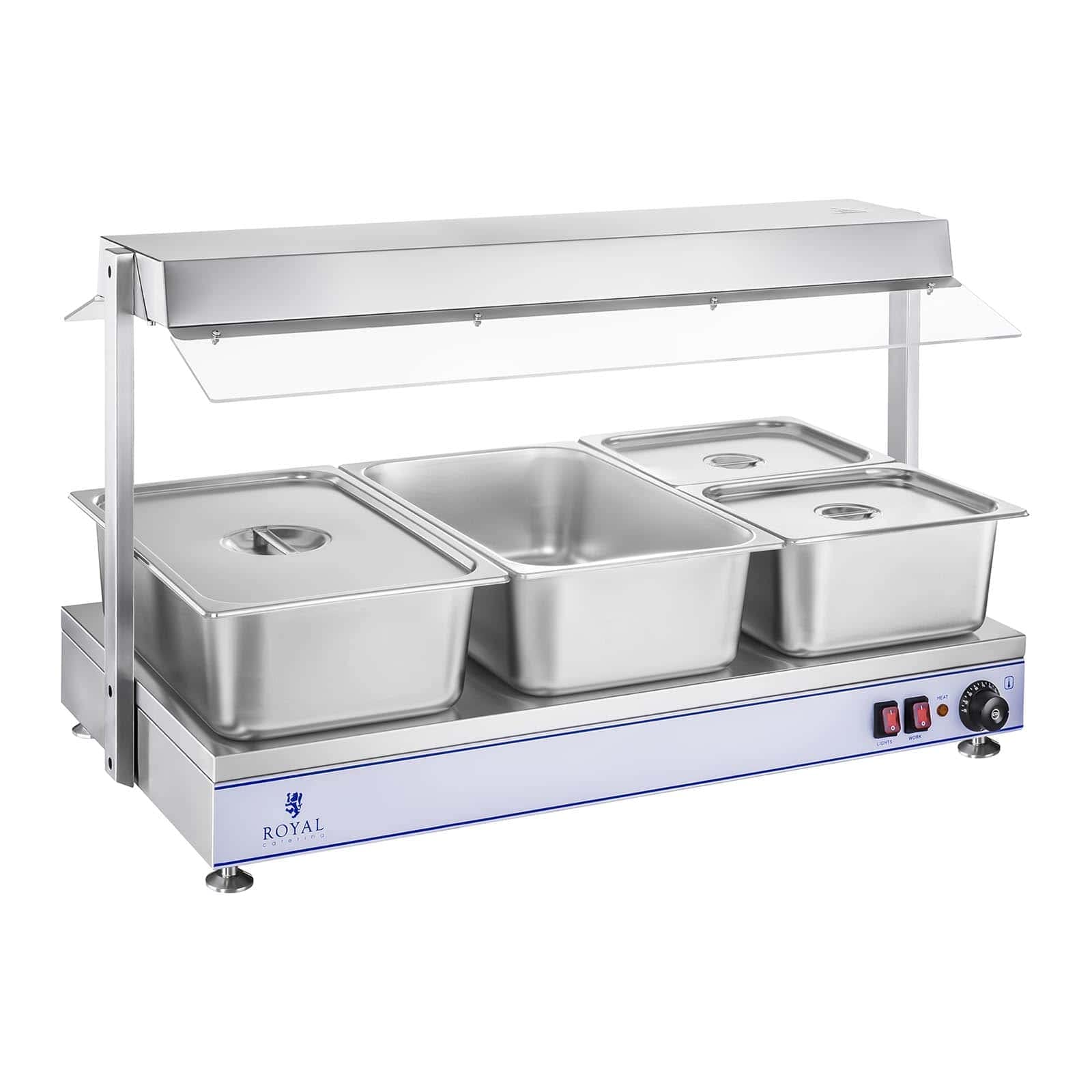 Royal Catering Chauffe-Plats Electrique Professionnel RCHP-100H (Puissance 1550W, température 0 – 110 °C, 3 Lampes halogènes chauffantes au Dessus, INOX et plexiglass)