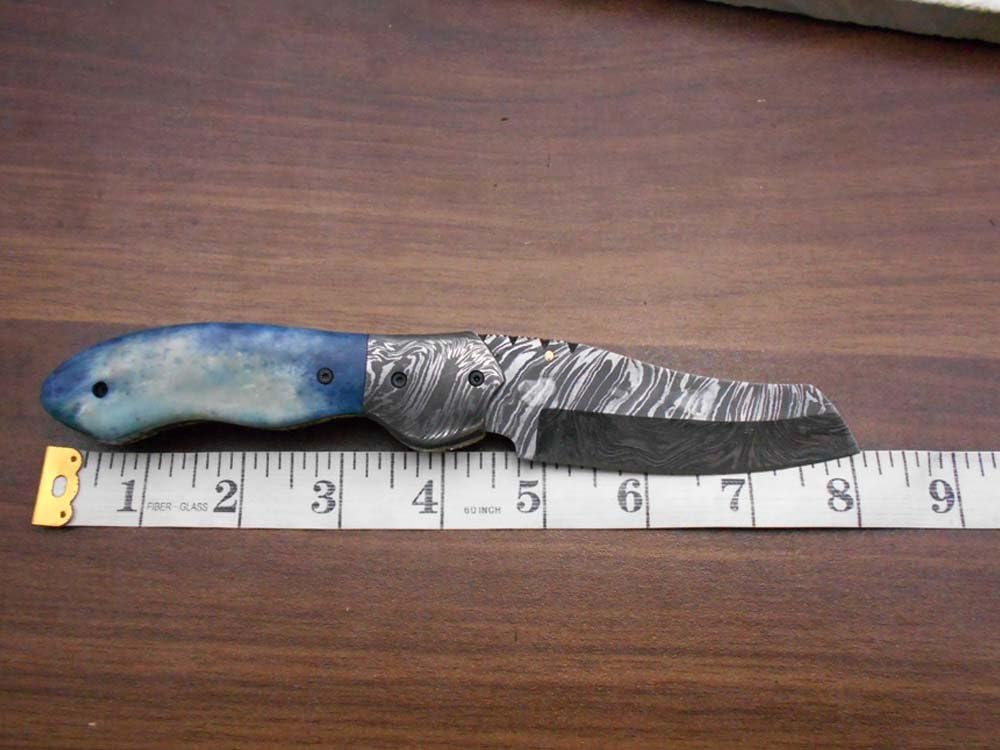 8" Tanto Blade Folding Knife, Natural Bull Horn and Camel bone scales, Hand Forged Twist Pattern Damascus Steel, Equipped with Thumb pin & Liner Lock, Cow Hide Leather Sheath Included (Blue Bone)