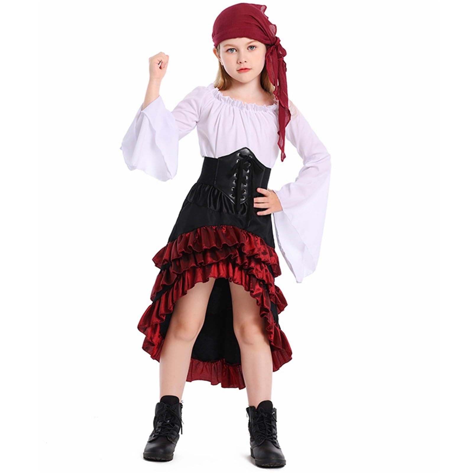 Pirate Costume Kids Girls Medieval Pirate Fancy Dress Retro Elastic Waistband Corset, Steampunk Renaissance Outfit Halloween Costumes Kids & Toddlers Pirate Day e715