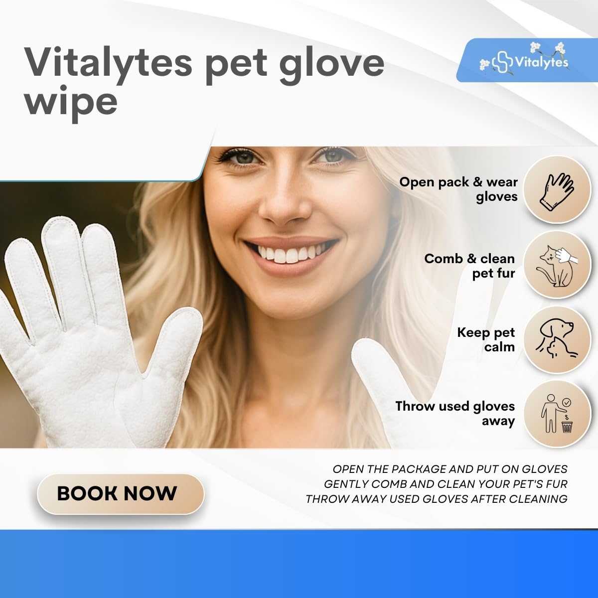 Vitalytes Pet Glove Wipes for Dogs & Cats, Disposable Rinse-Free Cleaning Gloves with Aloe & Jojoba Oil, Hypoallergenic - Image 3