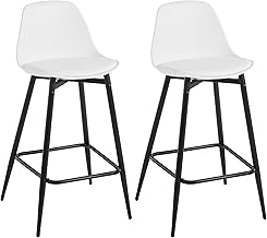 Set of 2 Bar Stools, Kitchen High Stool with Backrest and Footrest, PP Seat and Metal Structure, White