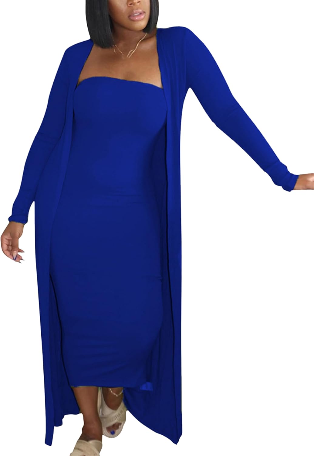 OMZIN Women's Maxi Dress Set for Women 2 Piece Cardigan Set Chic Sexy Long Sleeve Curvy Dress
