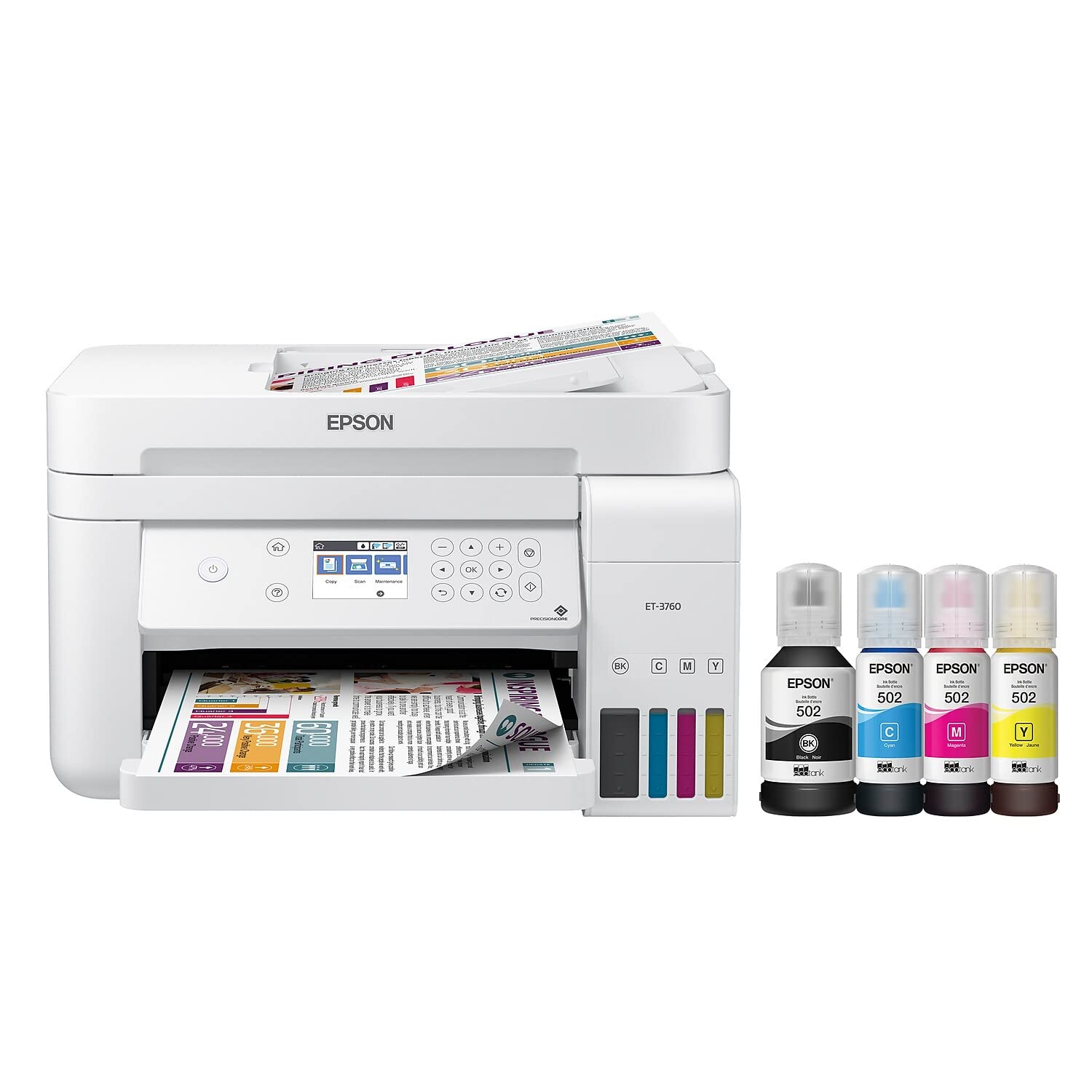 EcoTank ET-3760 Wireless Color All-in-One Cartridge-Free Supertank Printer with Scanner, Copier and Ethernet, Regular