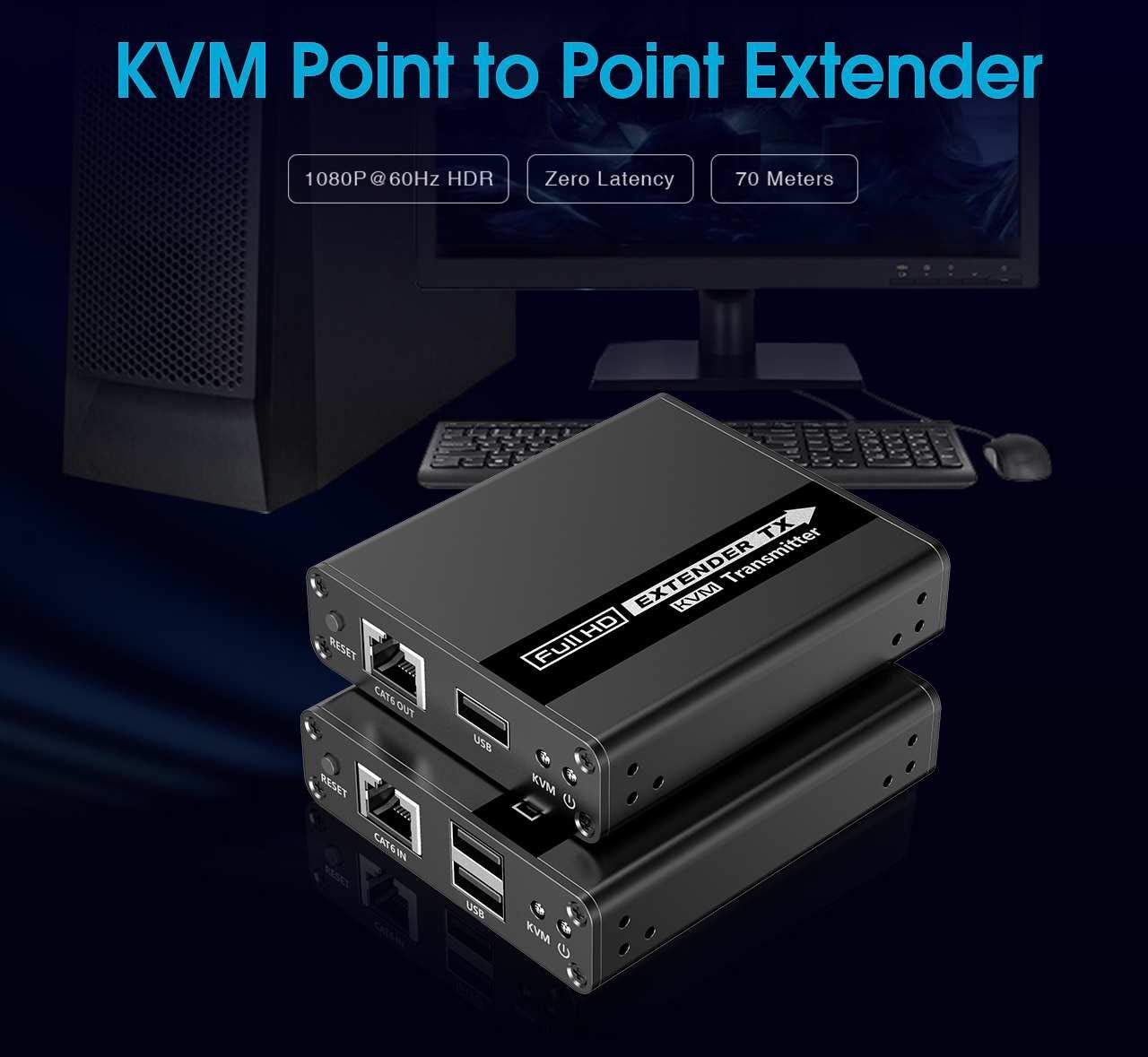 PremiumCord Extension KVM HDMI jusqu'à 70 m avec Transmission USB Via câble Patch Cat6/Cat6A/Cat7, boîtier en métal, Compatible avec Full HD 1080p 60 Hz