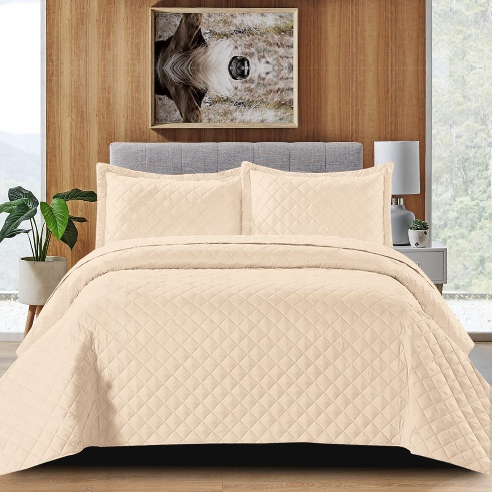 B&B Double Bedspread Bed Throw Embossed Pattern Reversible Quilted Bedspread Set with 2 Pillow Shams - Decorative Quilt Coverlet Bedding Set, Beige-image-24