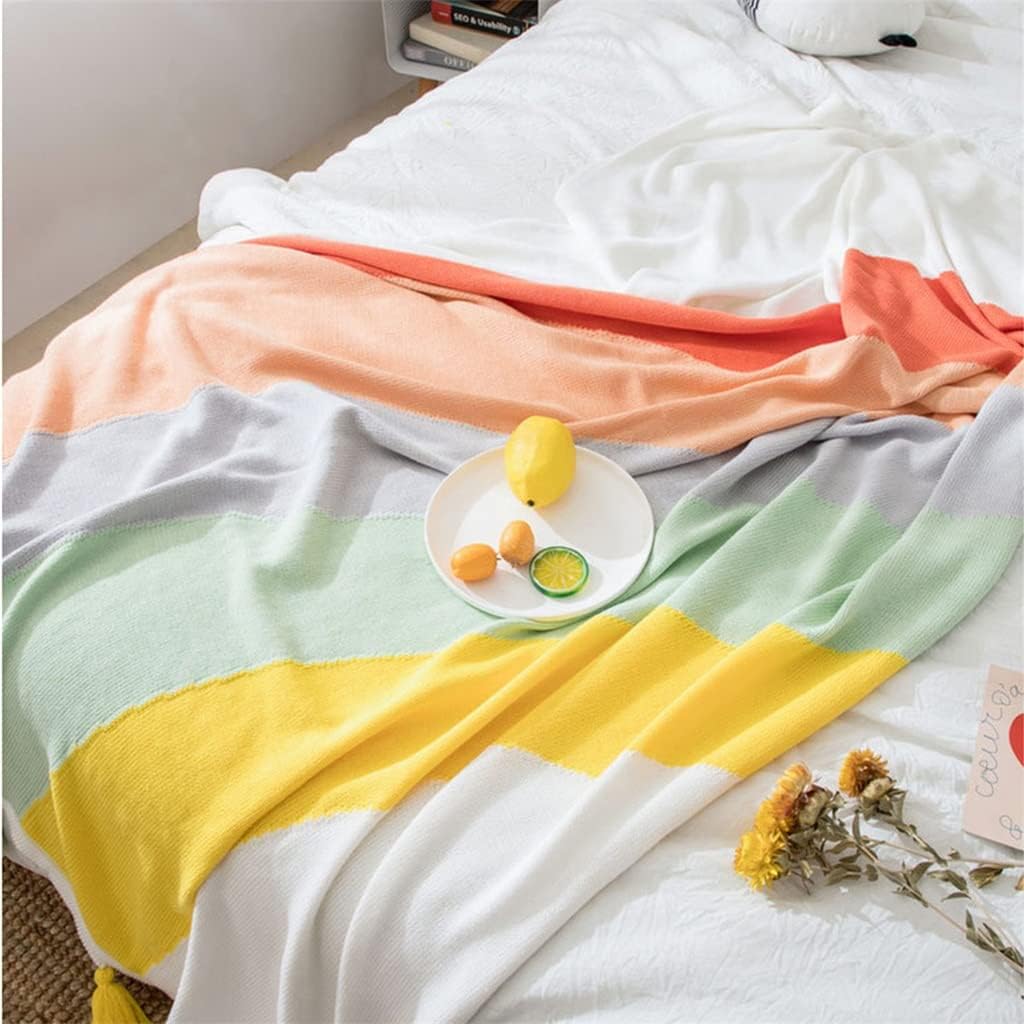 HBJWOV Throw Blankets for Baby Cute Tassel Cotton Knitted Rainbow Colors Quilt Children's Bed Cover Kids Wrap Blanet(130 * 160CM)