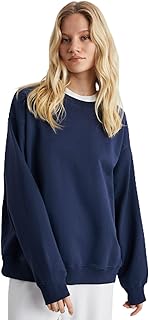 Grimelange Karius Kadın Organik Pamuklu İçi Polarsız Oversize Yuvarlak Yakalı Lacivert Sweatshirt