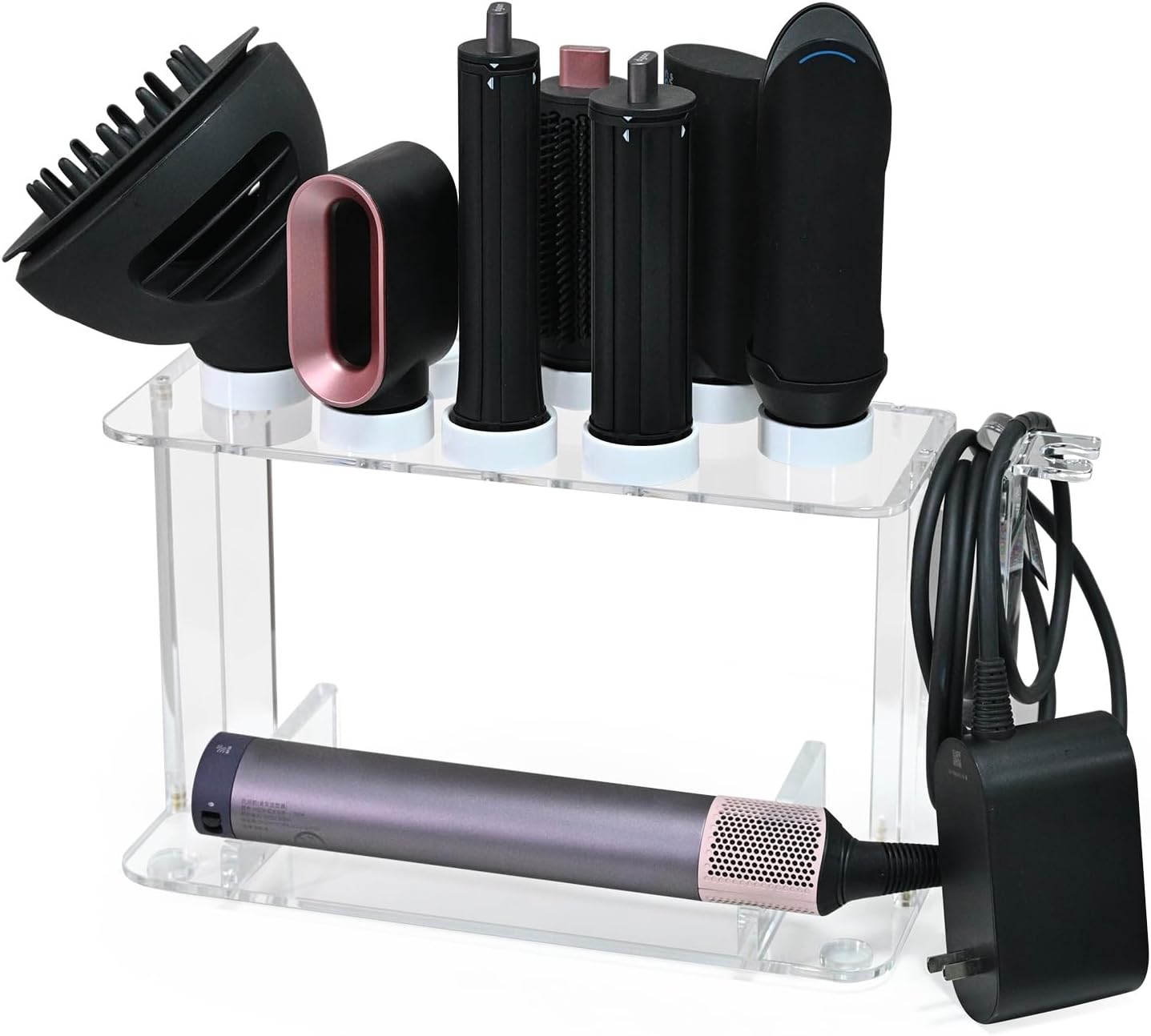 Storage Holder for Dyson Airwrap & Shark FlexFusion FlexStyle, Acrylic Display Stand for Styler Attachments, Countertop & Wall Mount Organizer for Bathroom Vanity, Clear&White