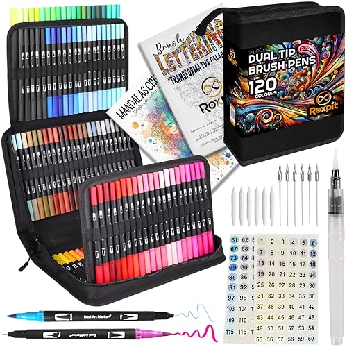 Roxpit Rotuladores Lettering 120 Colores Doble Punta Fina y Pincel | Incluye Blender y Estuche | Contenidos Educativos Descargables mediante el QR del envase| Kit Acuarelables para Niñas/os y Adultos
