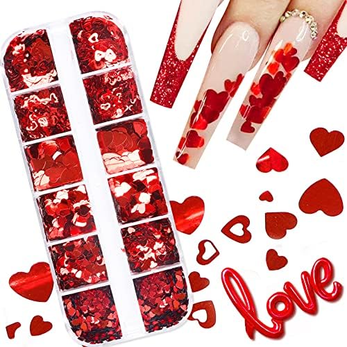 Heart Nail Art Stickers Decals Valentine Day Nail Glitter Red Flakes Charms Love Nail Supplies Sparkle Heart Nail Decals Shiny Valentine Wedding New Year Festival Design for Acrylic Nails Decorations