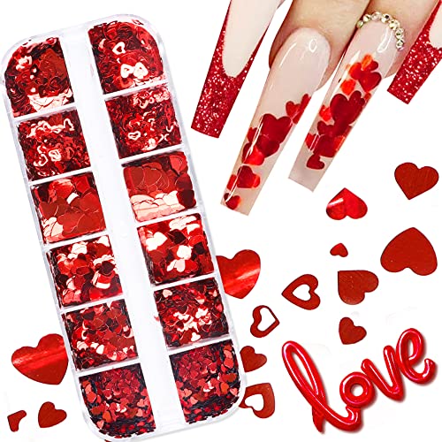Heart Nail Art Stickers Decals Valentine Day Nail Glitter Red Flakes Charms Love Nail Supplies Sparkle Heart Nail Decals Shiny Valentine Wedding New Year Festival Design For Acrylic Nails Decorations #TOP1