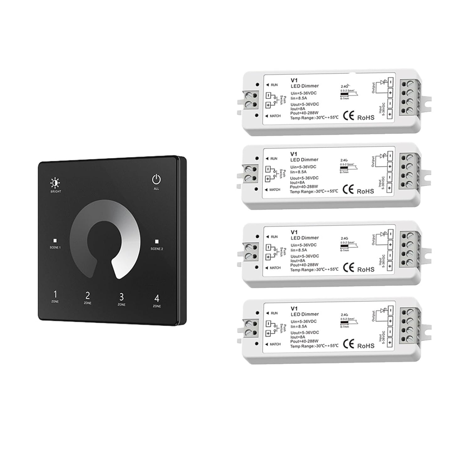 V1 LED Dimmer 1 Channel 5V 12V 24V 36V 4 Zone Single Color LED Light Strip Dimming Kit 2.4G Remote Touch Switch Dimmer(4pcs V1-1+TW1-4-B KIT)