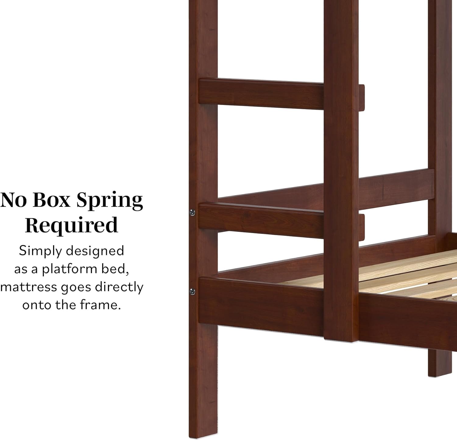 Close-up of the bed frame with wood slats, indicating 'No Box Spring Required'.