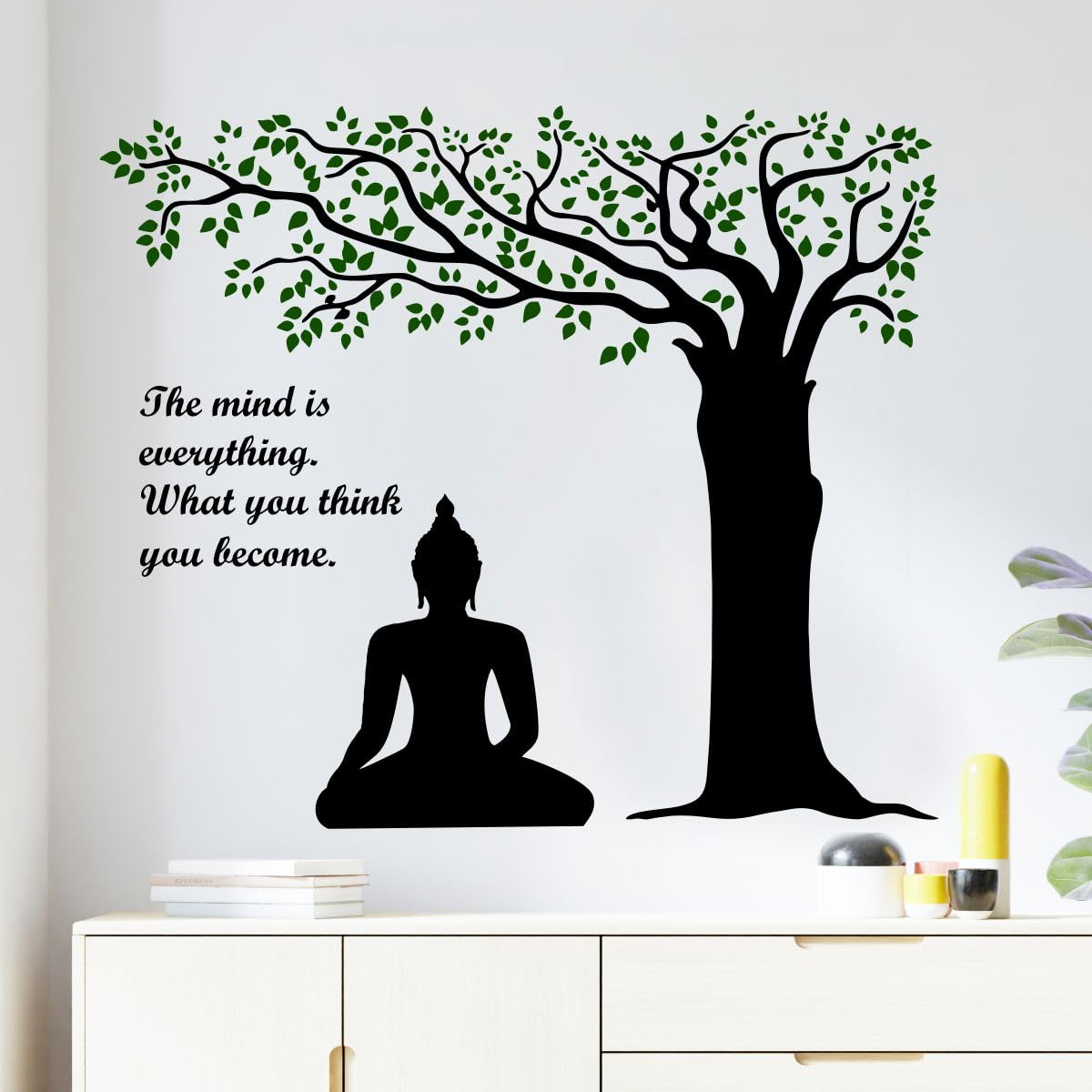 Rawpockets Decals ' Lord Buddha Under Tree and Quote on Mind ' Extra Large Size (Wall Coverage Area - Height 95 cms X Width 110 cms)(Pack of 1) Wall Sticker
