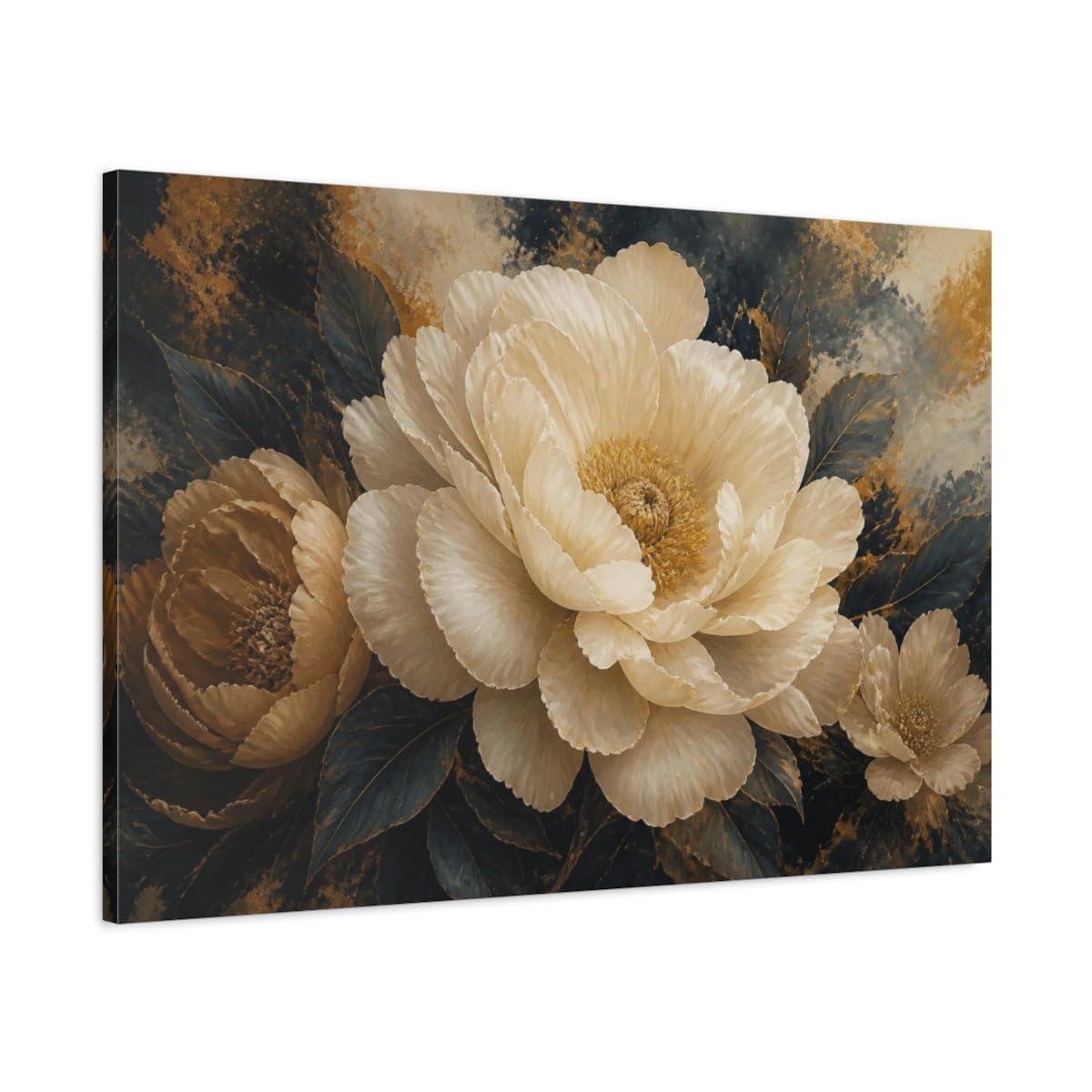 Monumental Cream Bloom Canvas Print – Living Room, Above Sofa, Gold, Deep Blue 36×24 inch (90×60 cm) - Horizontal / 1.25 inch (3 cm)