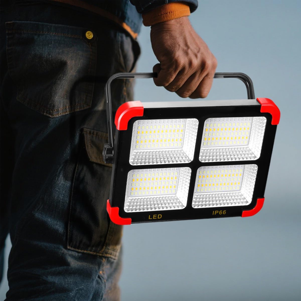 100W LED Solar Work Light, 288 LED 10000LM Portable Flood Light with Stand - 5 Modes Waterproof Rechargeable Outdoor Lamp for Job Site, Camping, Emergency, Car Repair, Hurricane