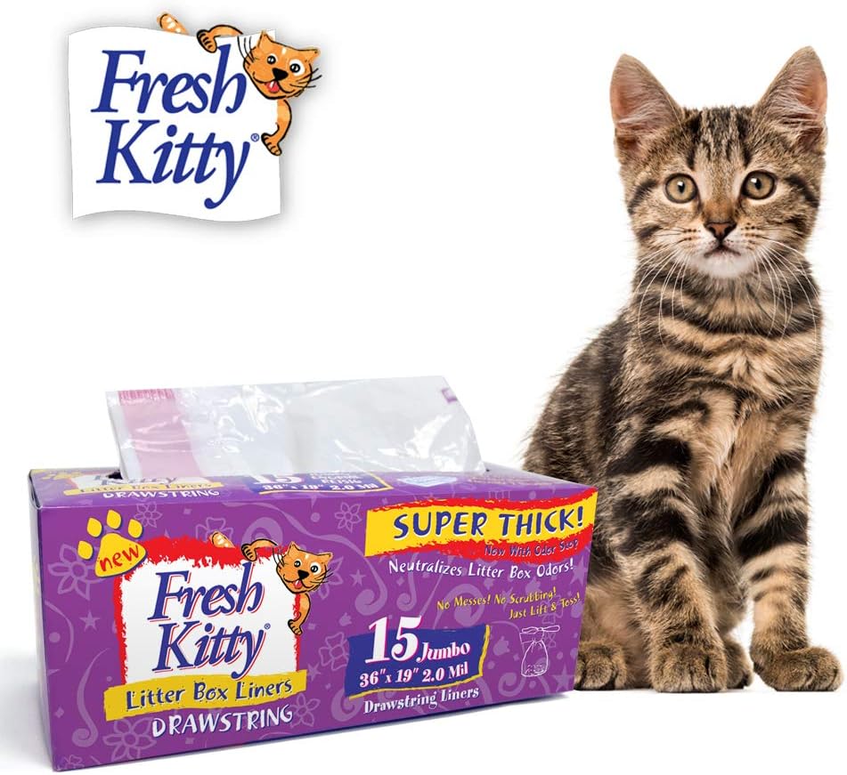15 Count Fresh Kitty Litter Box Liners Super Thick, Durable, Easy Clean Up Jumbo Drawstring Scented Litter Pan Box Liners, Bags for Pet Cats